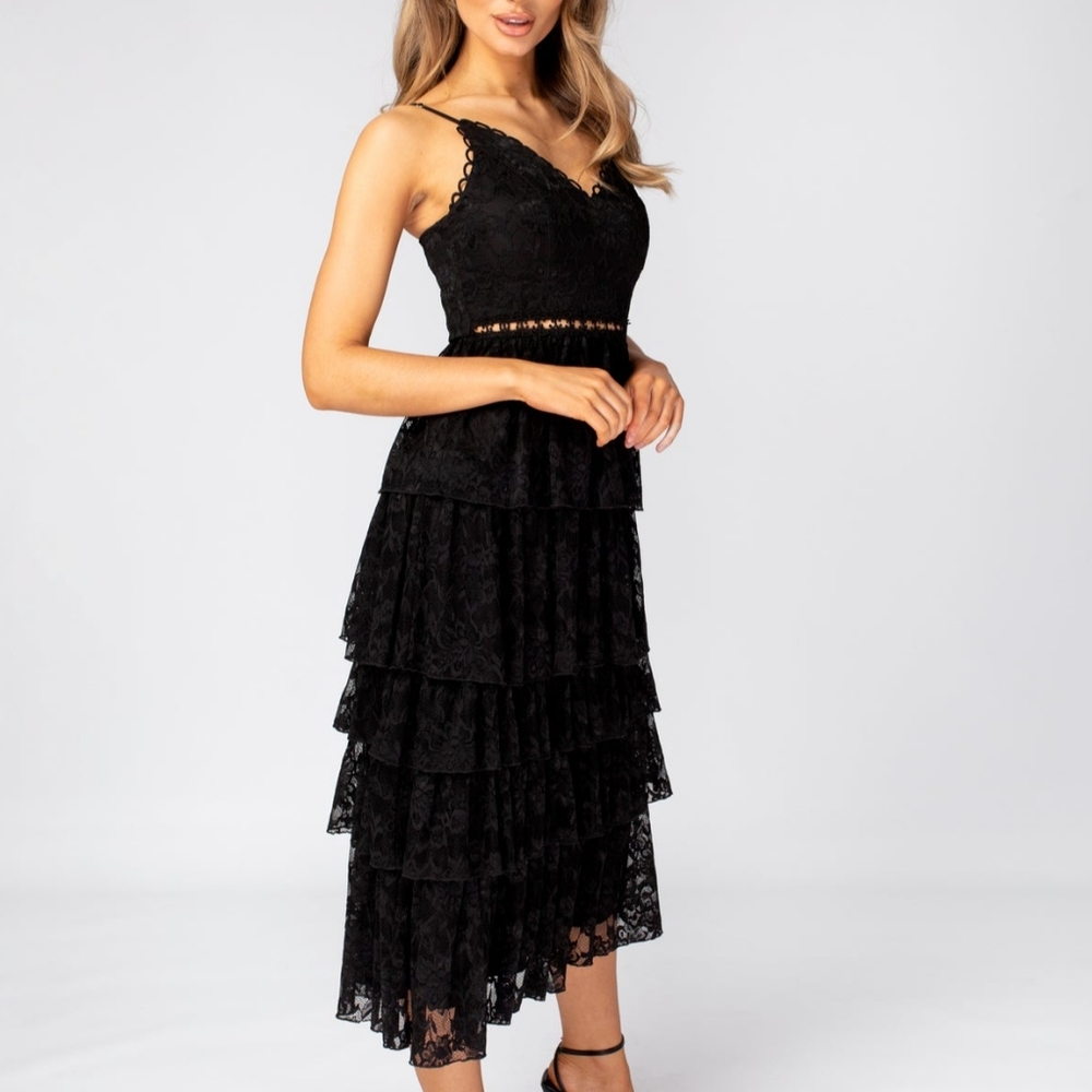 Avantlook | NWT Layered Ruffle Lace Midi Dress Black Size Large - Picture 3 of 14